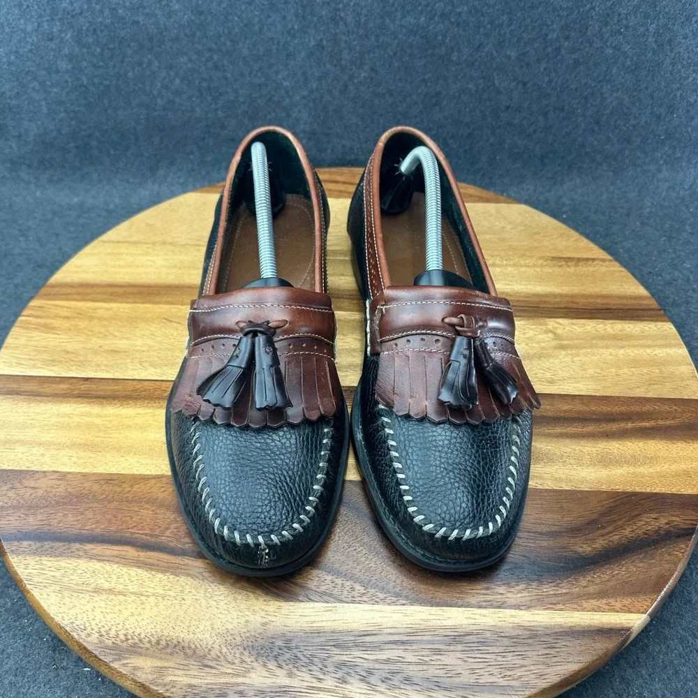 GH Bass Weejuns Michael Mens 10.5 Black Brown Leather Kiltie Tasseled Loafers